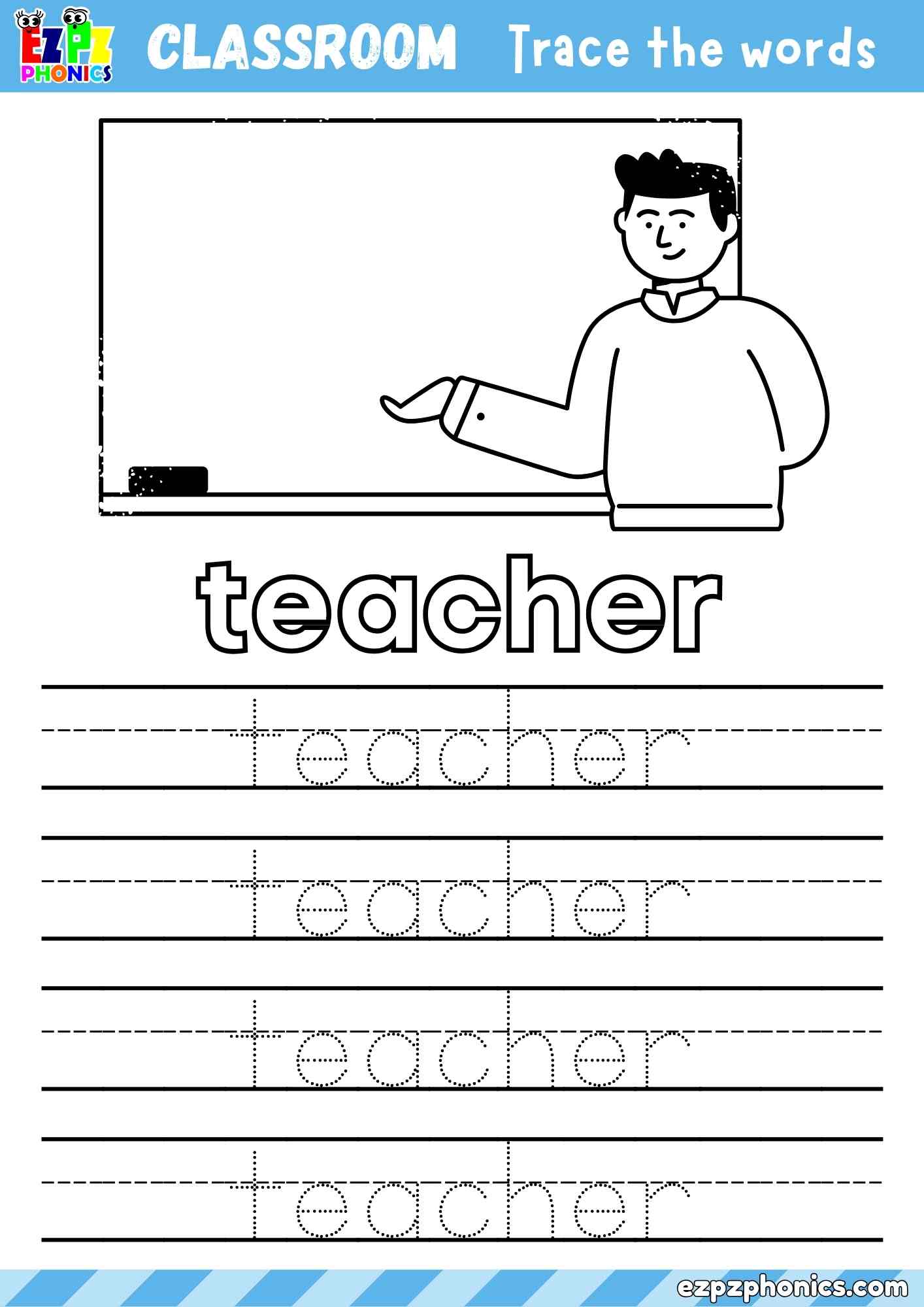 Teacher - Classroom Objects Vocabulary Word Tracing Activity - Color the Teacher and Trace the Word Teacher (Free PDF Download)